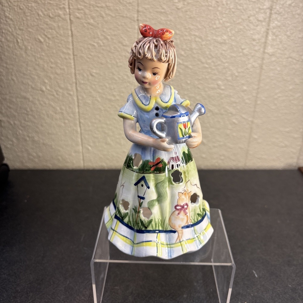 Ceramic Girl with watering Can~Tea Light Holder~Hand Painted~Cat/Birdhouse Dress